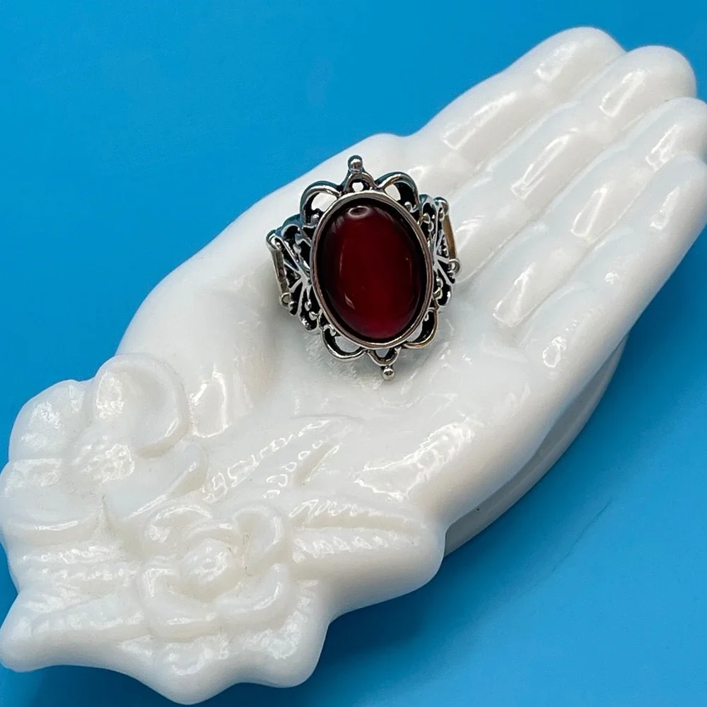 Red Jewel Ornate Silver Tone Stretch Ring Statement Goth Victorian Boho Filigree